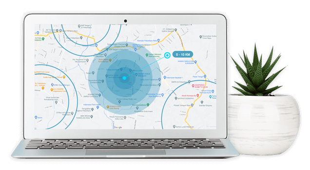 Laptop screen displaying a digital map with blue radius circles for local SEO targeting and a 0-10 KM distance marker, placed next to a small succulent plant.